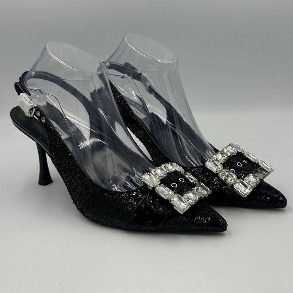 Steve Madden Closeup-S Pumps Wmn 8.5 Black Sequin New Crystal Buckle Heels READ